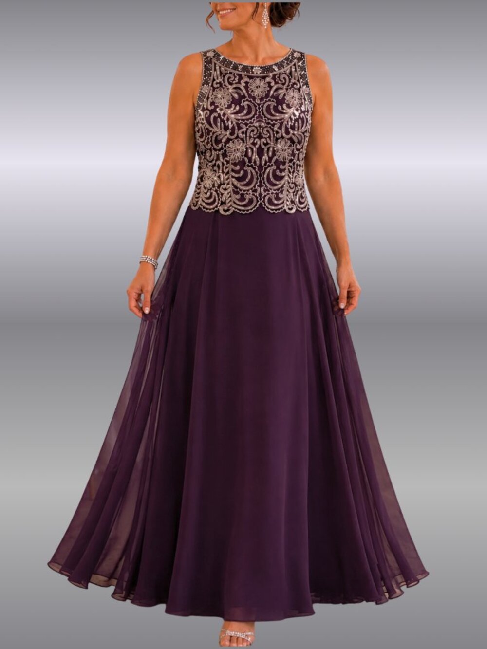 J Kara Plum Pearl Beaded Mock Two-Piece Chiffon Gown Shawl 14P Mother Bride NWT